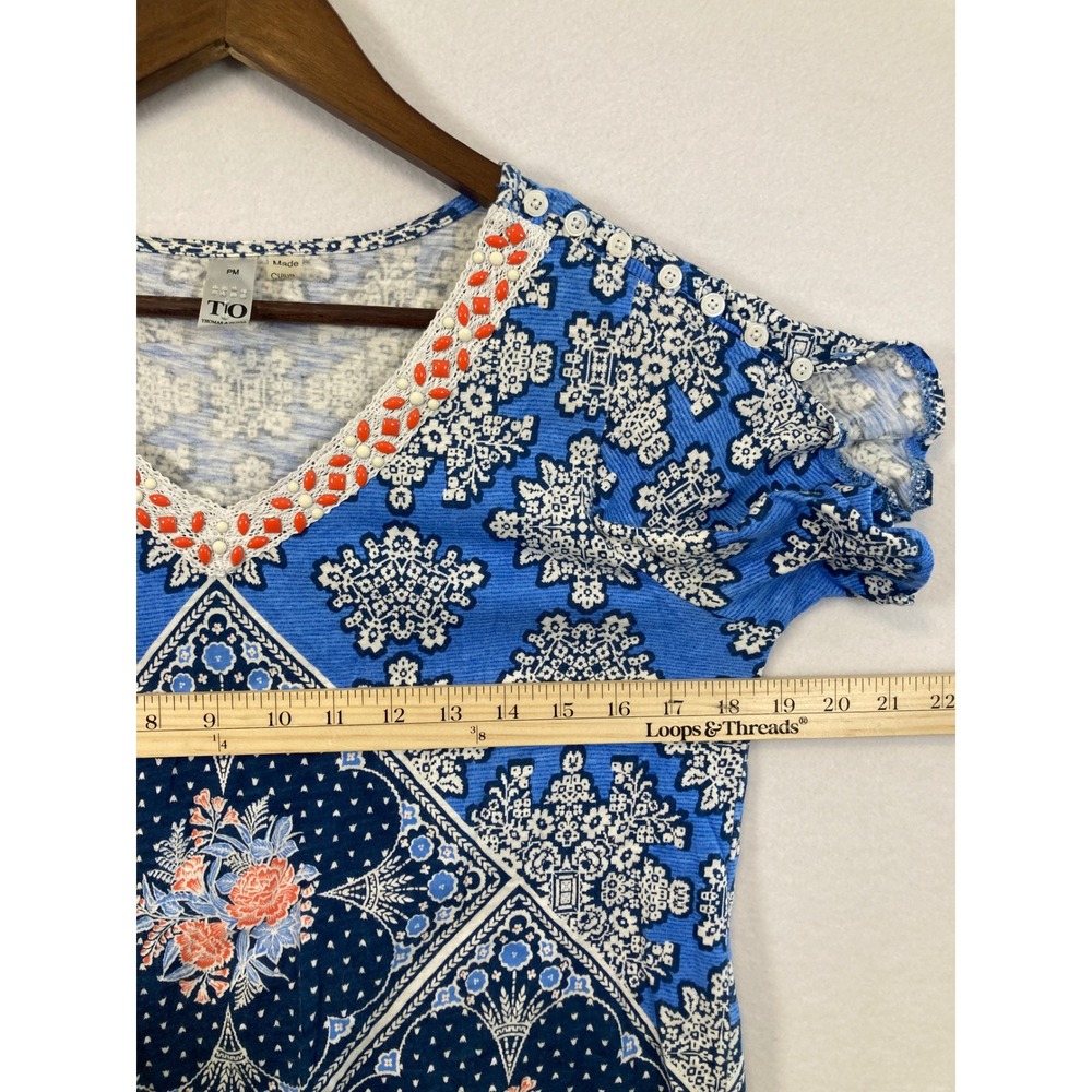 Thomas Olivia Blue Floral Print V Neck Flutter Sleeve Top Women PM - Picture 6 of 9